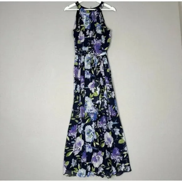 SLNY Floral Print Maxi Dress Halter Neckline Fitted Bodice Flowing Skirt Sz 12 - Picture 2 of 7